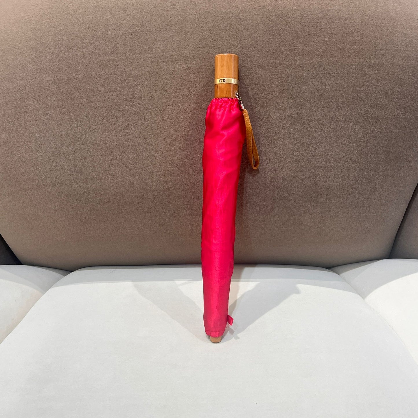 Christian Dior Vintage Red Monogram Oblique Folding Umbrella with Wood Handle