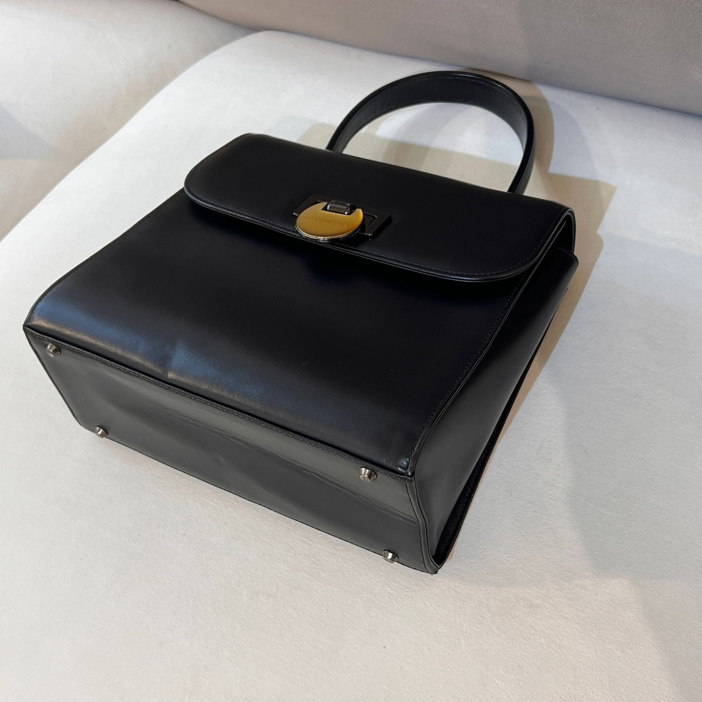 Givenchy Vintage Black Leather Logo Clasp Top Handle Bag