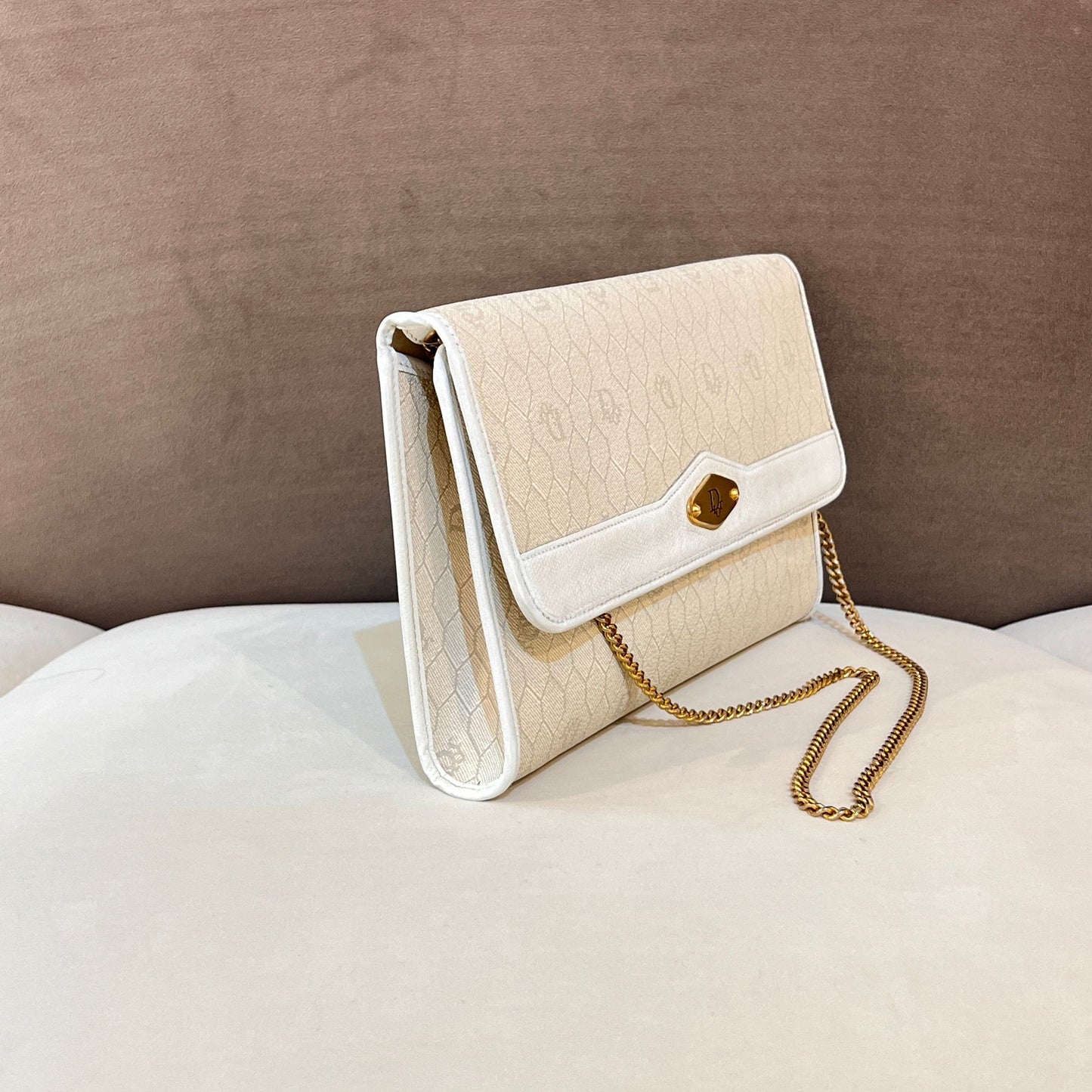 Christian Dior Vintage Honeycomb White Leather Gold Chain Shoulder Bag