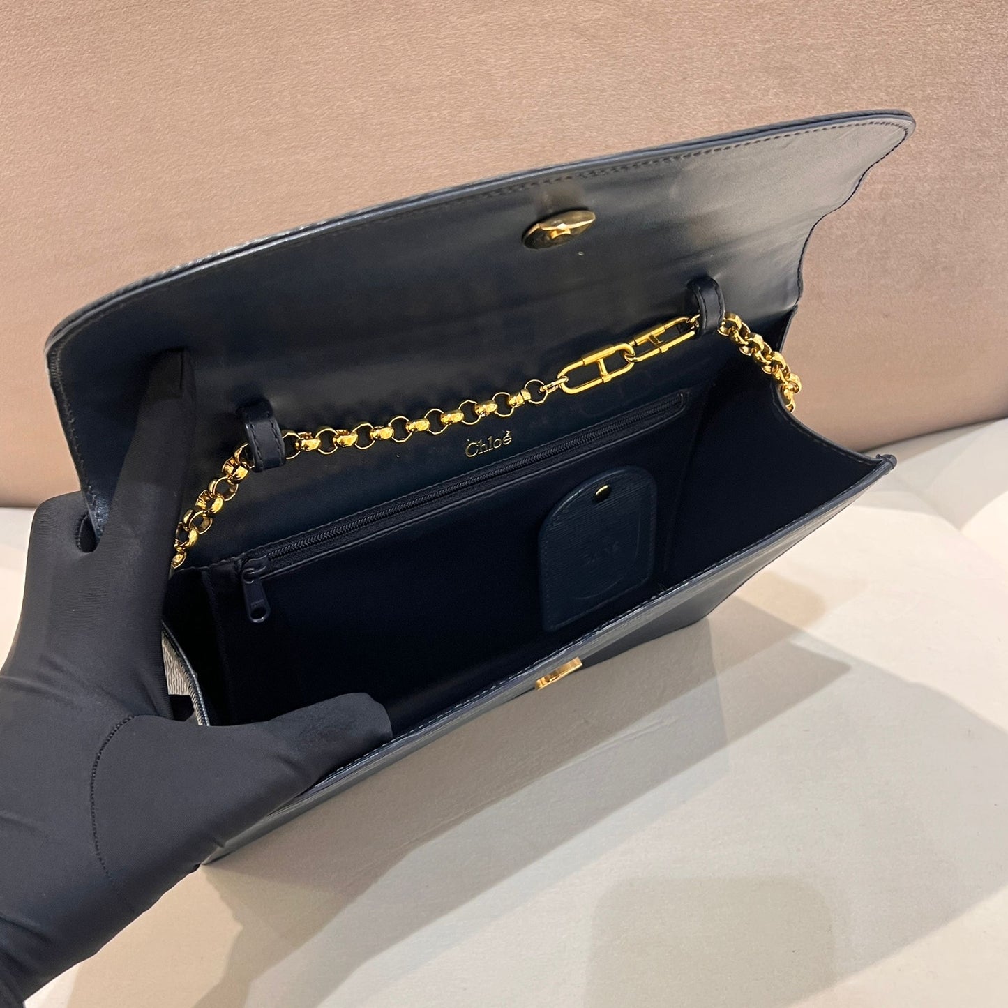 Chloé Vintage Navy Leather Gold Logo Shoulder Bag