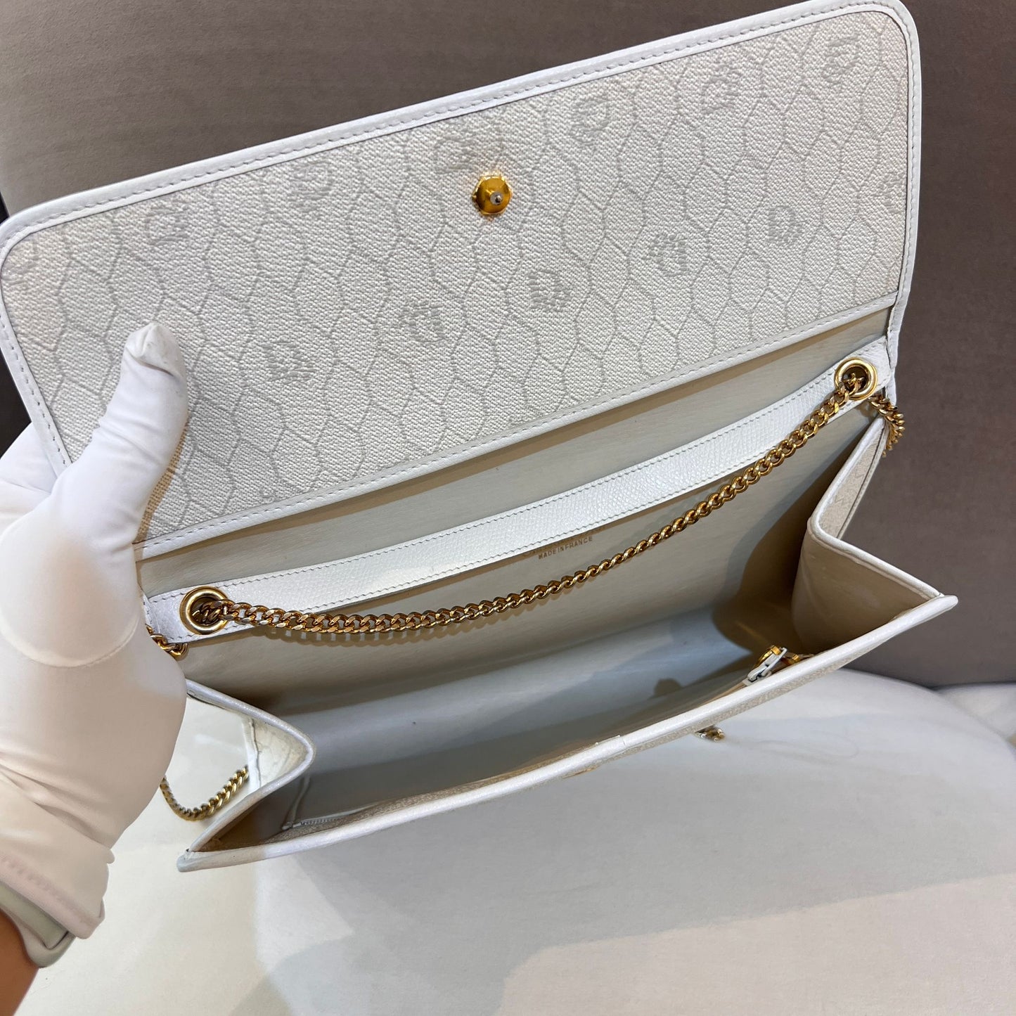 Christian Dior Vintage Honeycomb White Leather Gold Chain Shoulder Bag