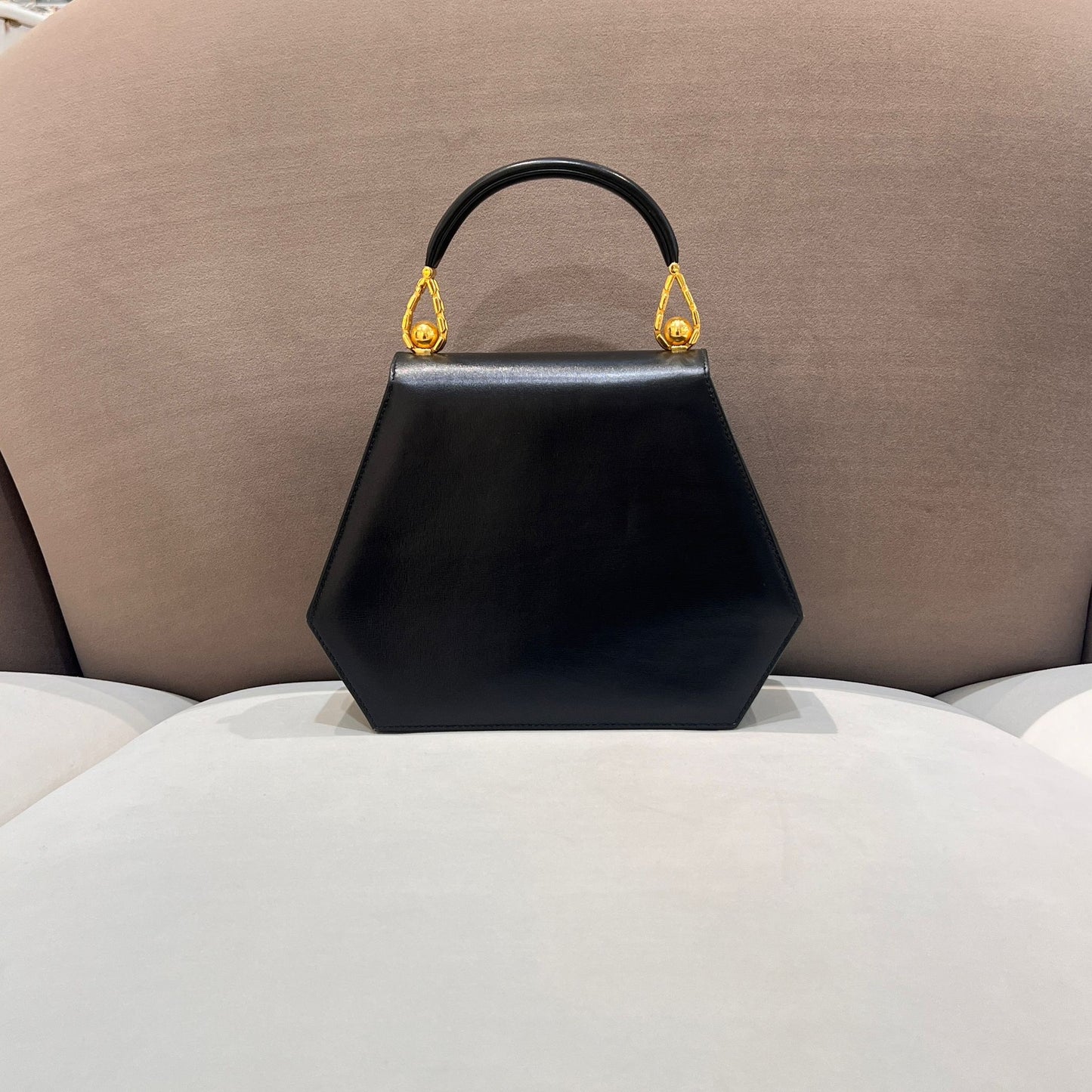 Bally Vintage Black Leather Hexagonal Top Handle Handbag