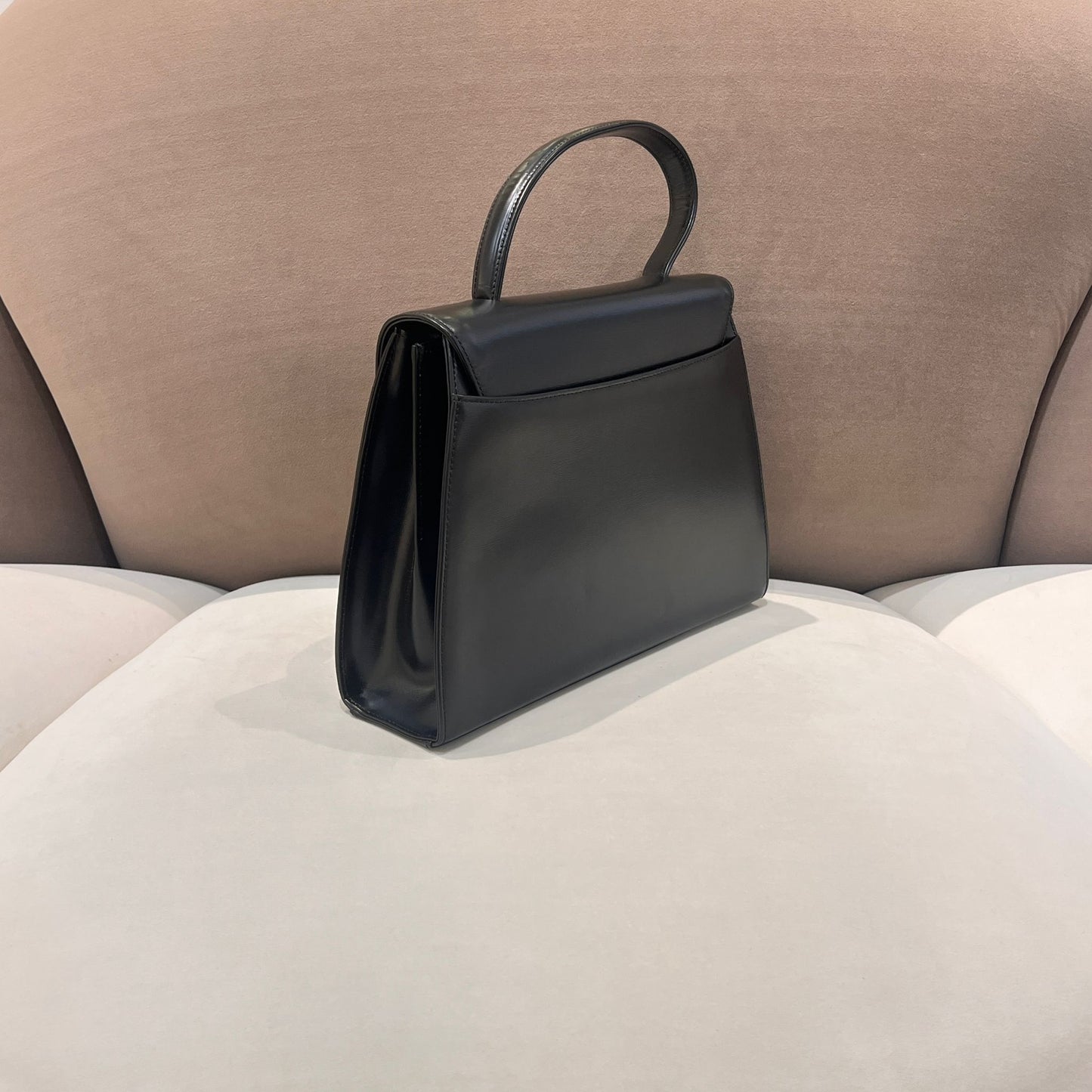 Givenchy Vintage Black Leather Wide Trapezoid Top Handle Clasp Handbag