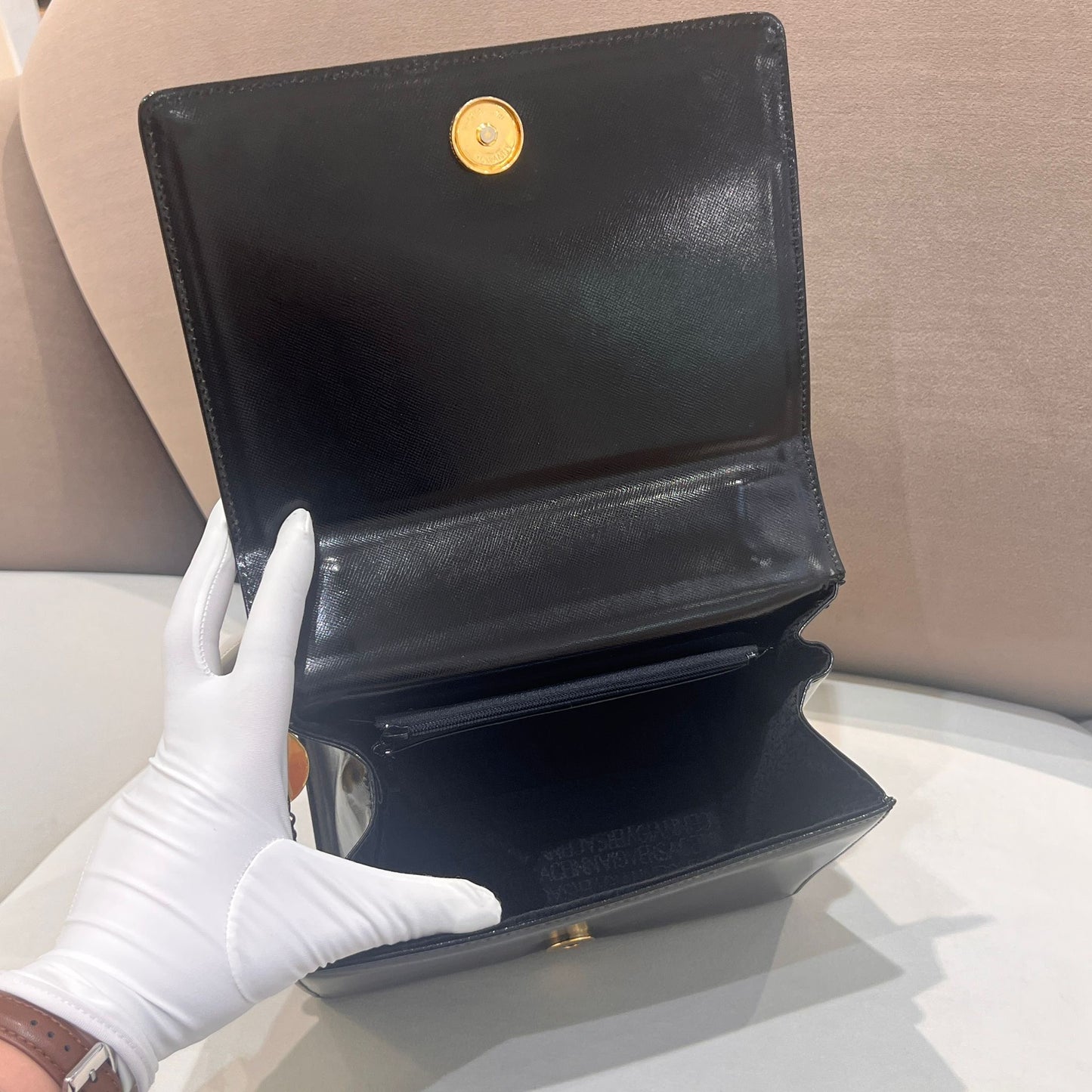 Versace Vintage Medusa Charm Black Leather Top Handle Handbag