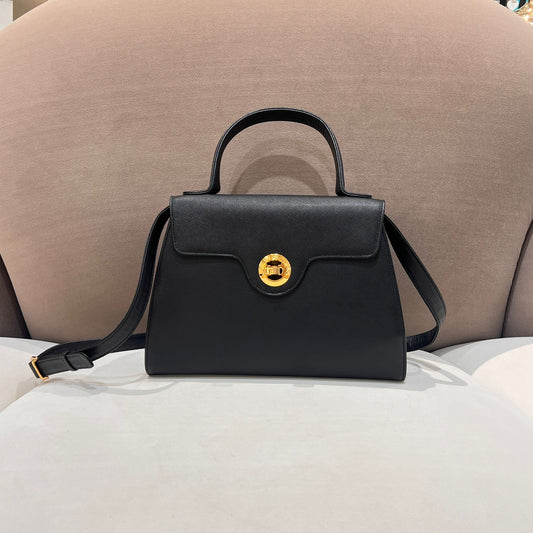 Givenchy Vintage Black Leather Turn Lock 2-Way Top Handle Bag