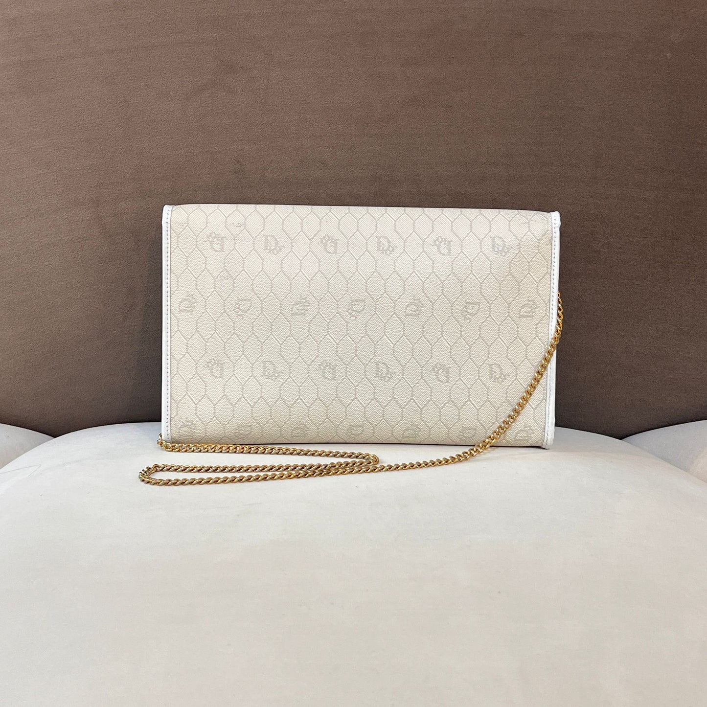 Christian Dior Vintage Honeycomb White Leather Gold Chain Shoulder Bag