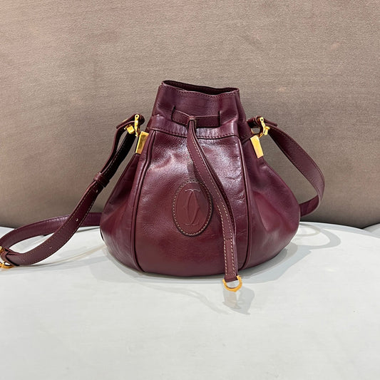 Cartier Vintage Brown Leather Drawstring Shoulder Bag