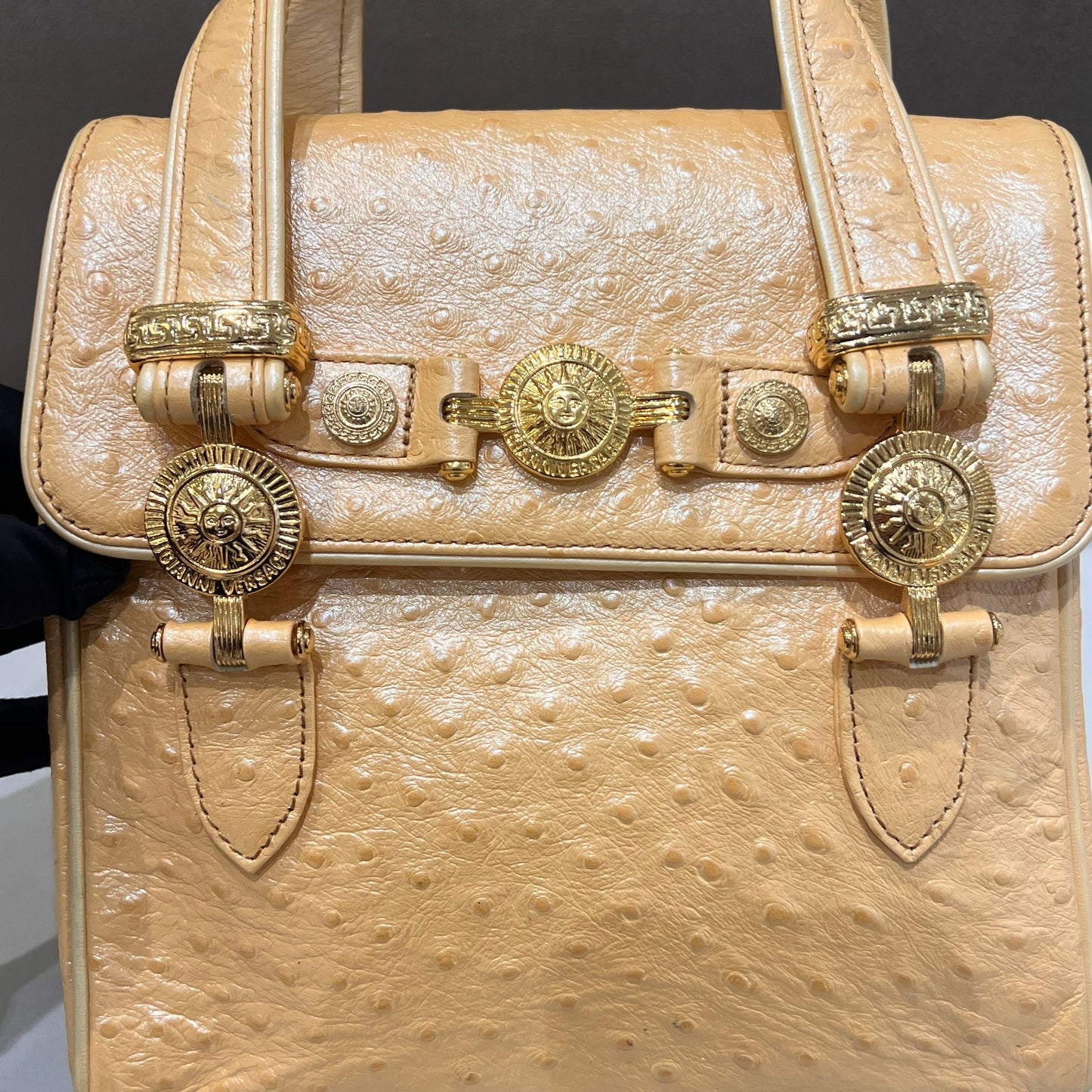 Versace Vintage Ostrich Embossed Cream Leather Mini Handbag