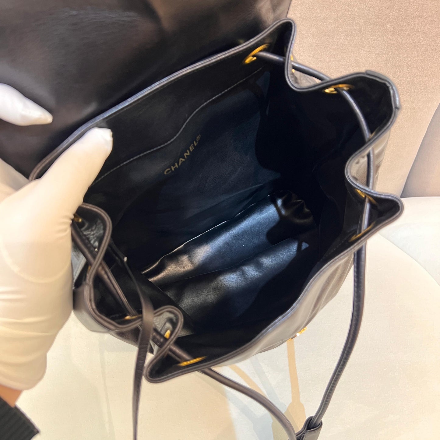 Chanel Vintage Coco Mark Black Lambskin Leather Backpack