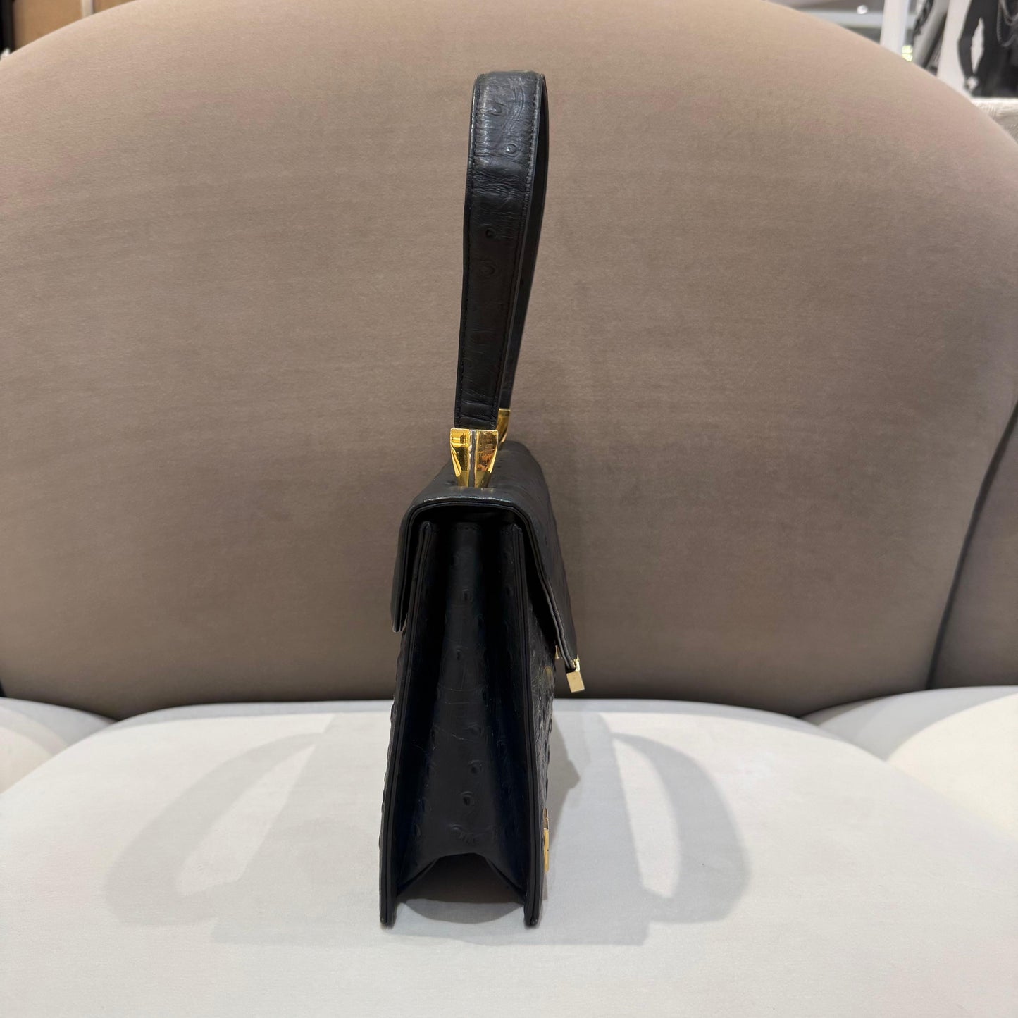 Givenchy Vintage Black Ostrich Leather Envelope Top Handle Handbag