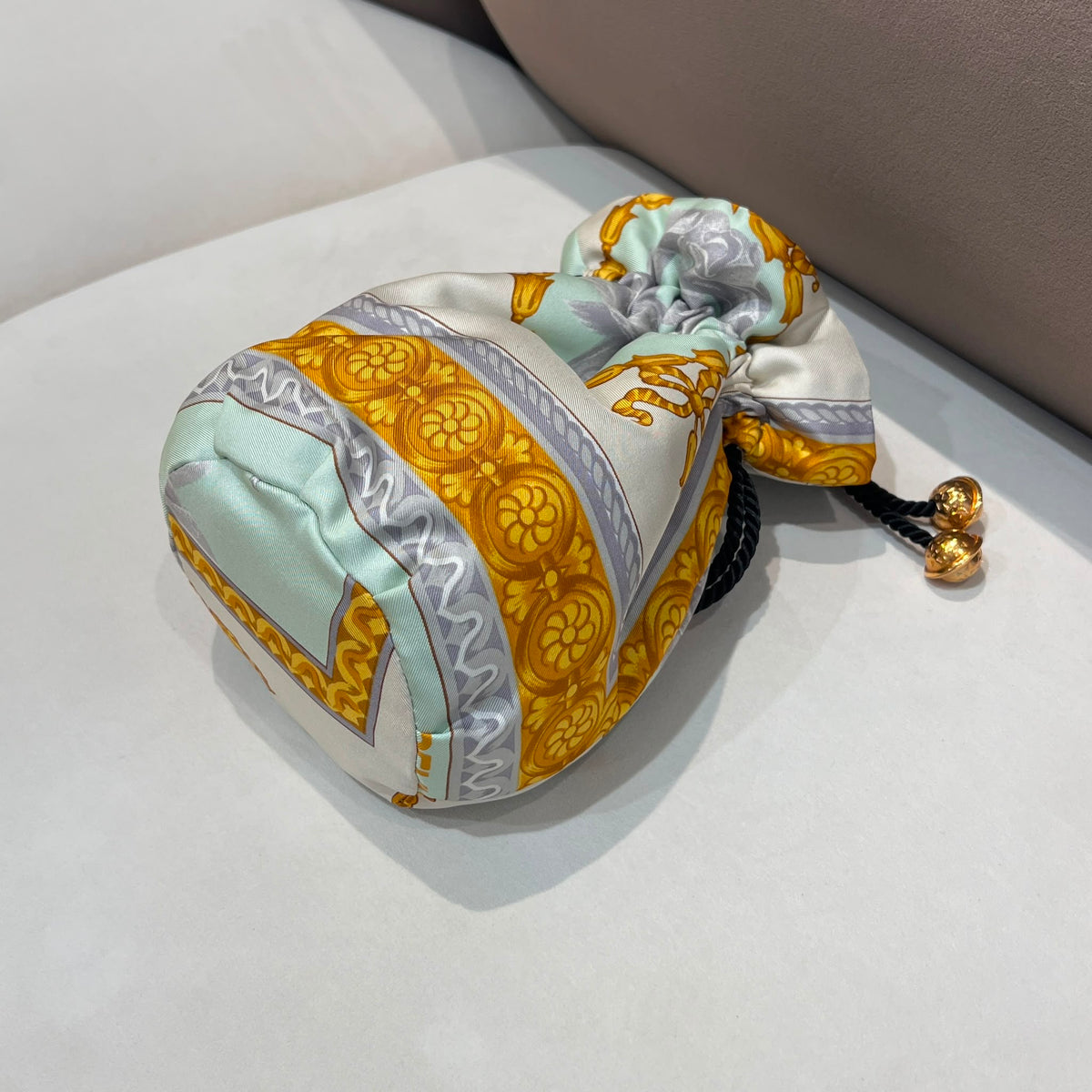 Celine Vintage Ivory Gold Silk Scarf Drawstring Pouch