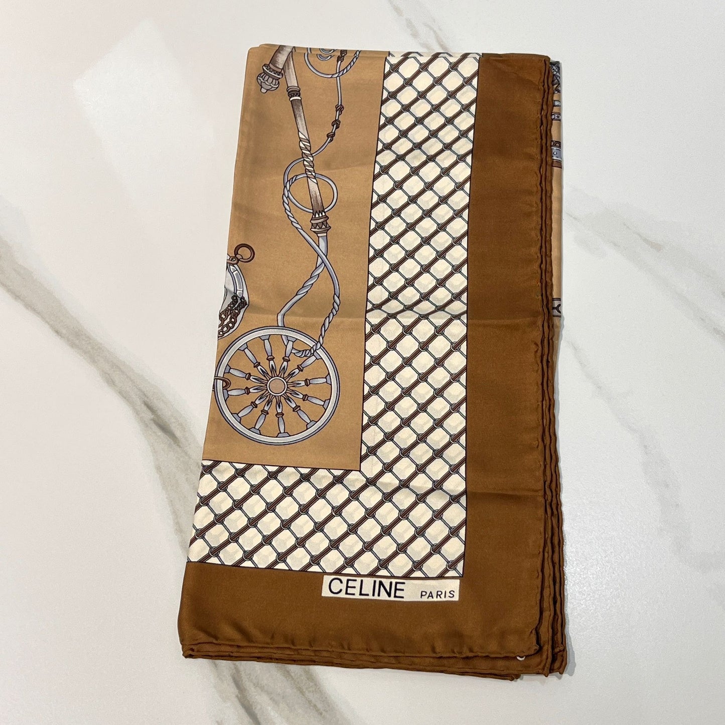 Celine Vintage Carriage Chain Print Silk Scarf Beige Brown 88 X 88 Cm