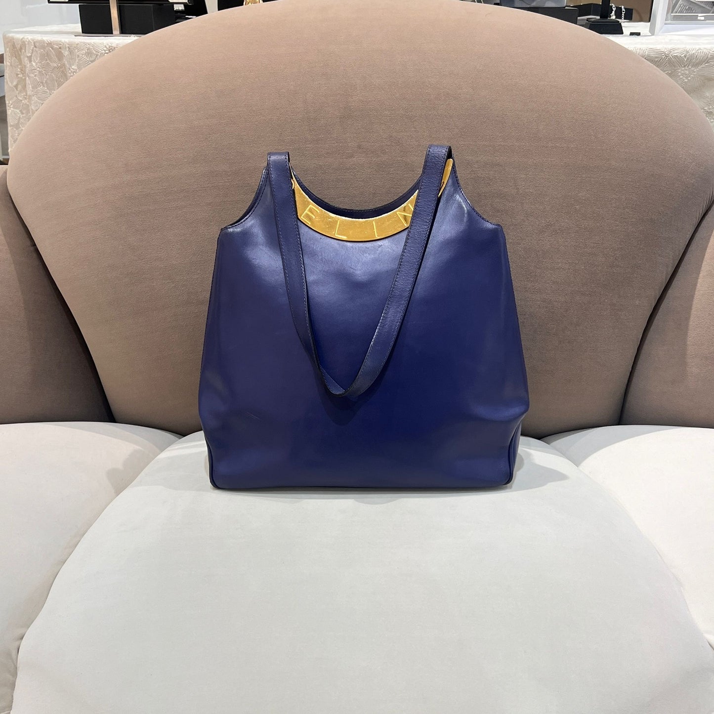 Celine Vintage Blue Leather Circle Logo Tote Bag