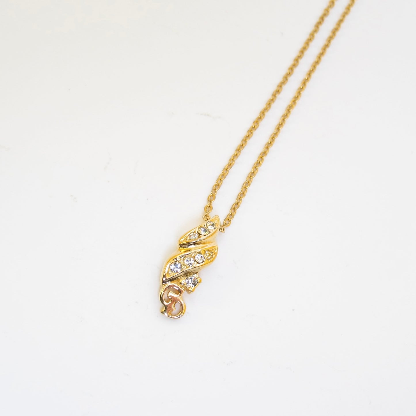 Christian Dior Vintage CD Logo and Rhinestone Pendant Golden Necklace
