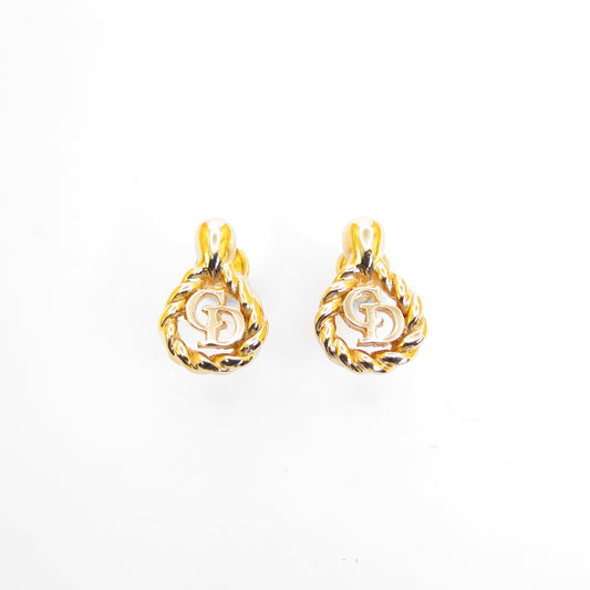 Christian Dior Vintage CD Logo in Twisted Drop Shape Golden Earrings