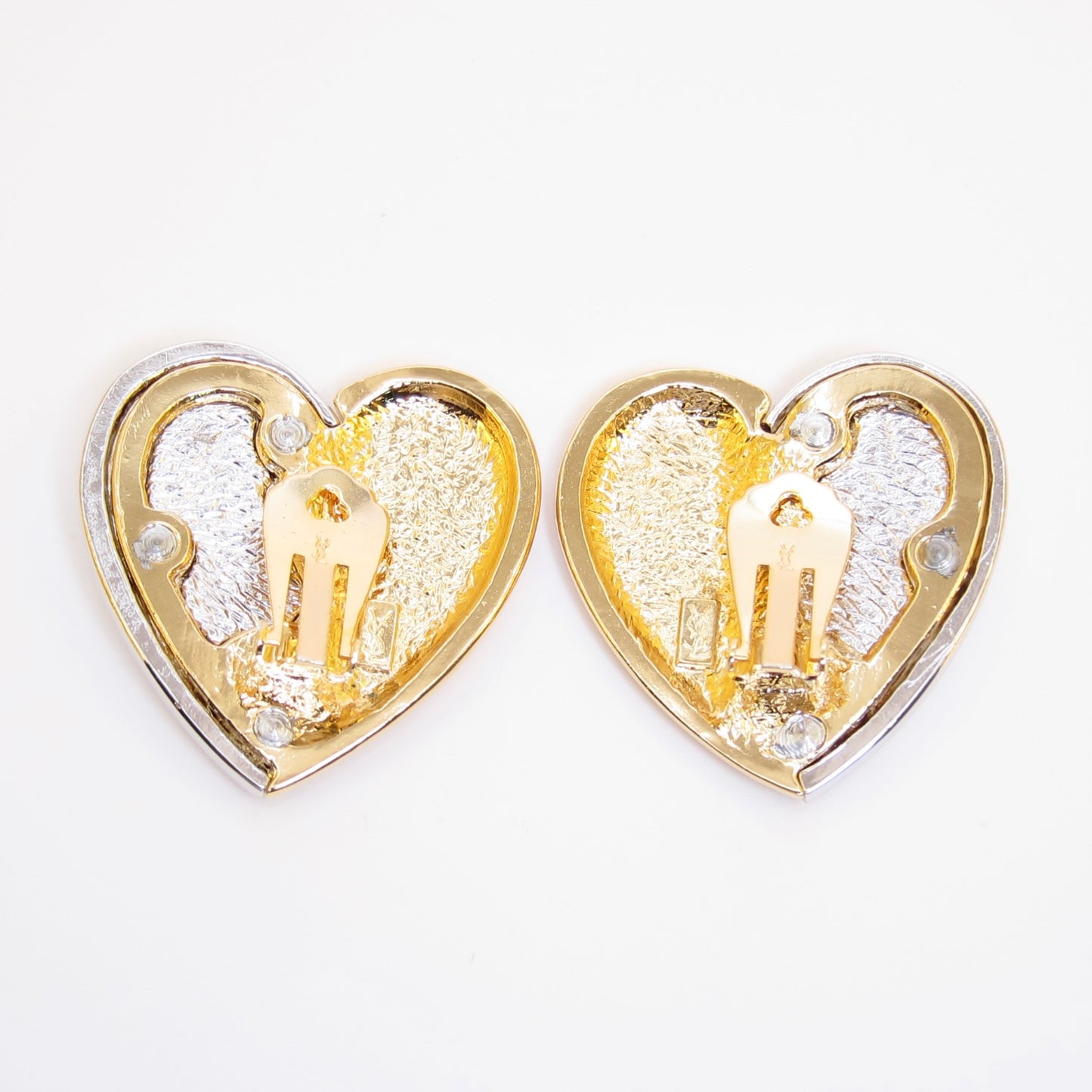 Yves Saint Laurent Vintage Heart Motif Rhinestone and Golden Clip-on Earrings