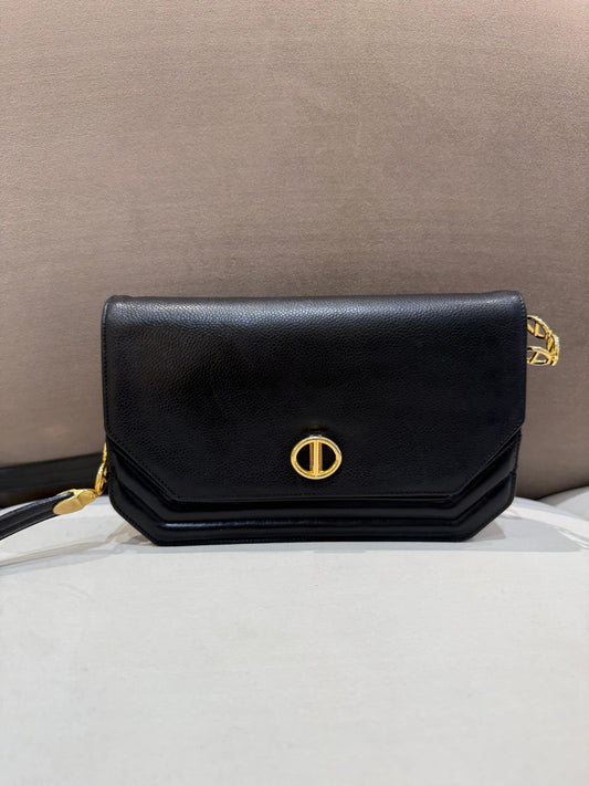 Christian Dior Vintage Black Grained Leather Logo Flap Shoulder Bag
