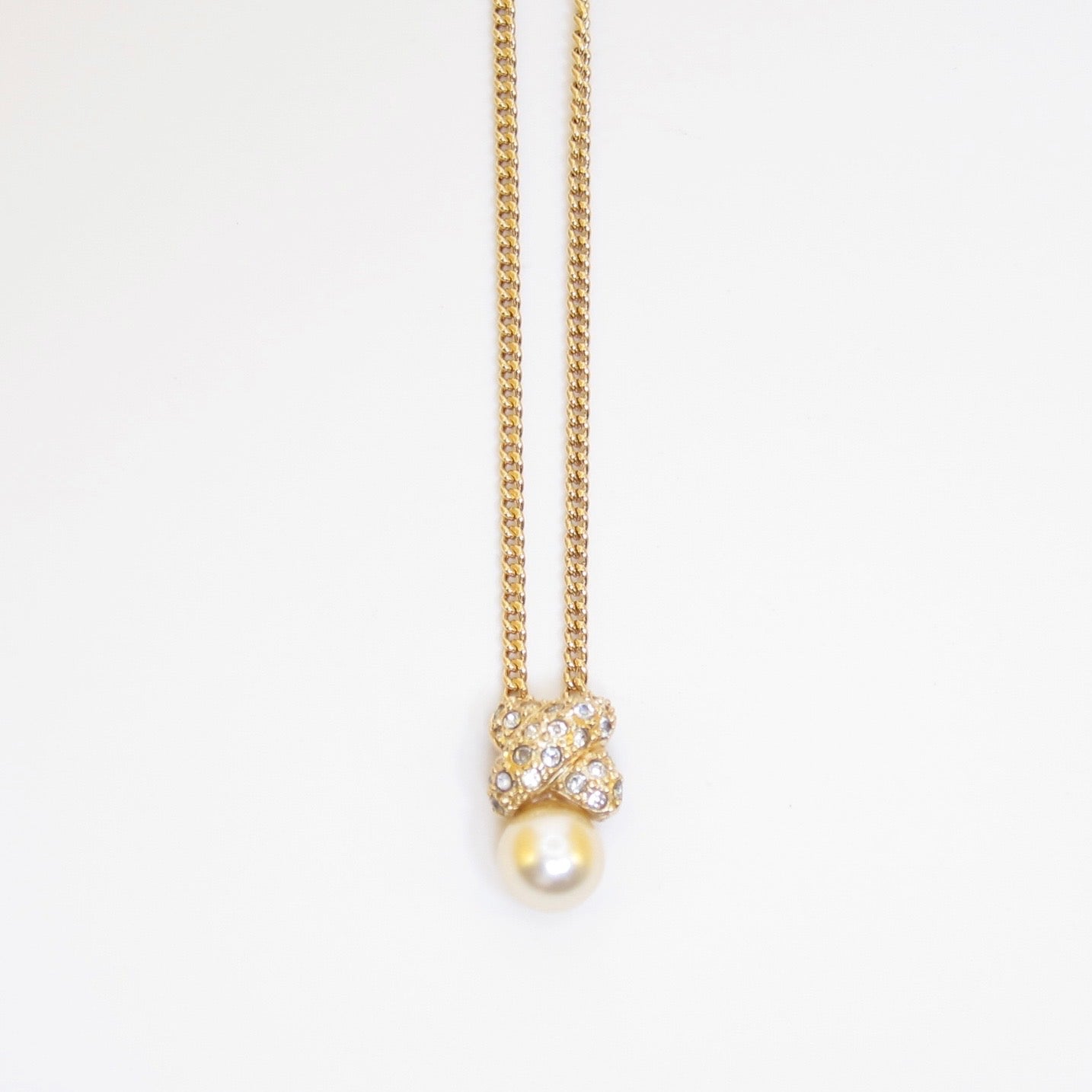 Christian Dior Vintage Pearl and Rhinestone Knot Golden Necklace