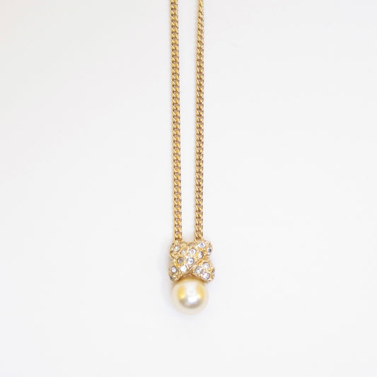 Christian Dior Vintage Pearl and Rhinestone Knot Golden Necklace