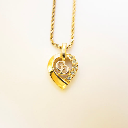 Christian Dior Vintage CD Logo and Rhinestone Golden Necklace