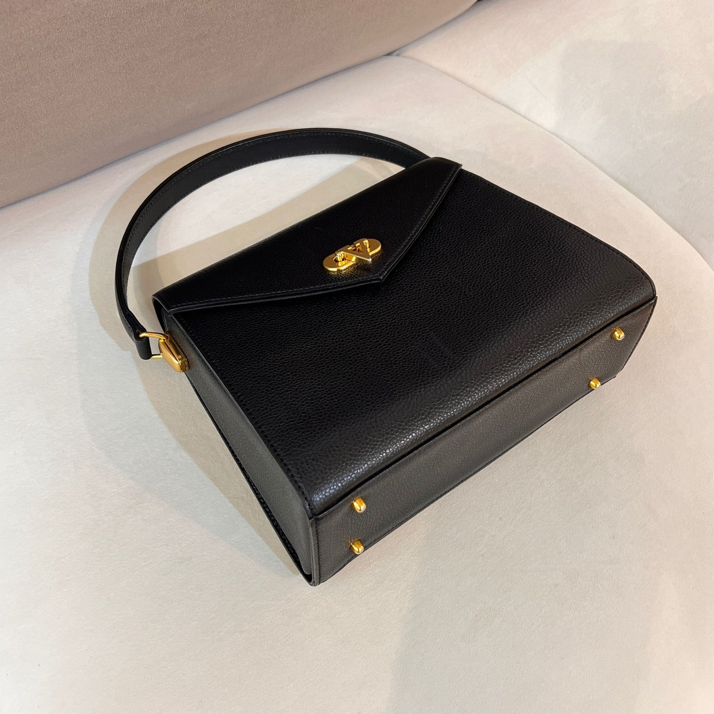 Valentino Garavani Vintage Black Leather V Logo Top Handle Bag