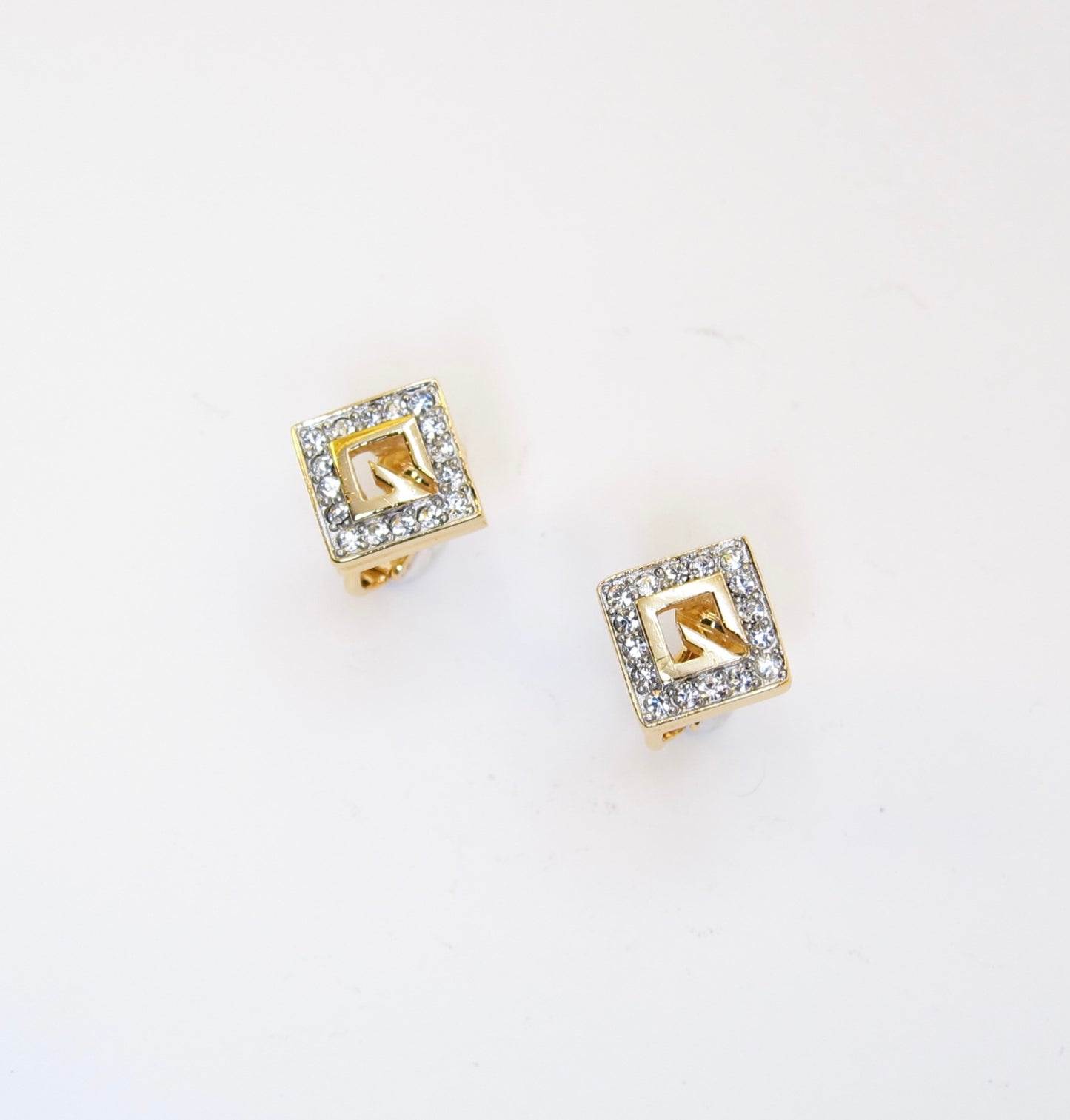 Givenchy Vintage G Logo and Rhinestone Rhombus Golden Clip-on Earrings