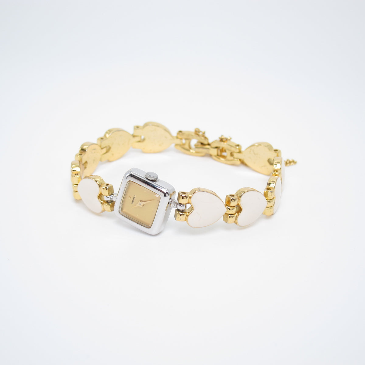 Seiko Vintage Square Dial with White Enamel Heart Link Chain Two Tone Watch