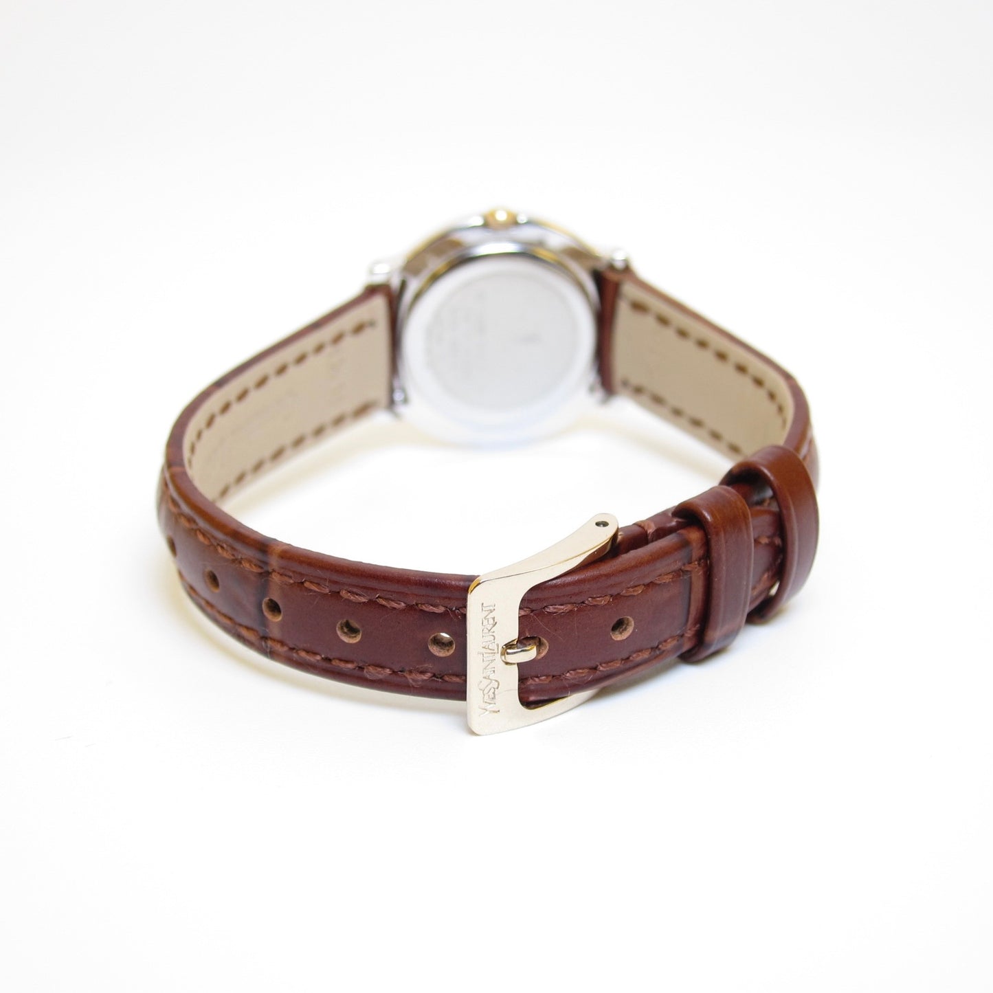 Yves Saint Laurent Vintage Round White Face with Brown Leather Strap Two Tone Watch