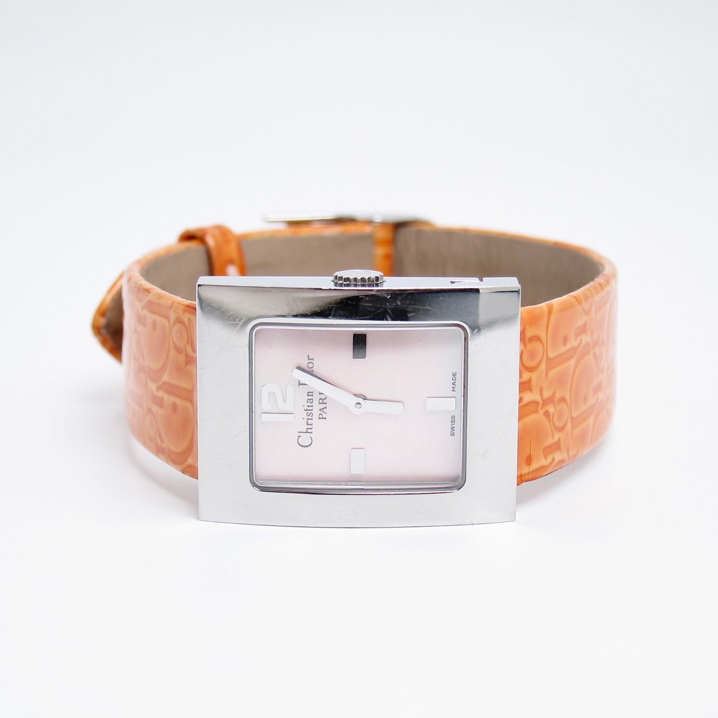 Christian Dior Vintage Malice Pink Shell Pearl Face with Orange Trotter Leather Strap Watch