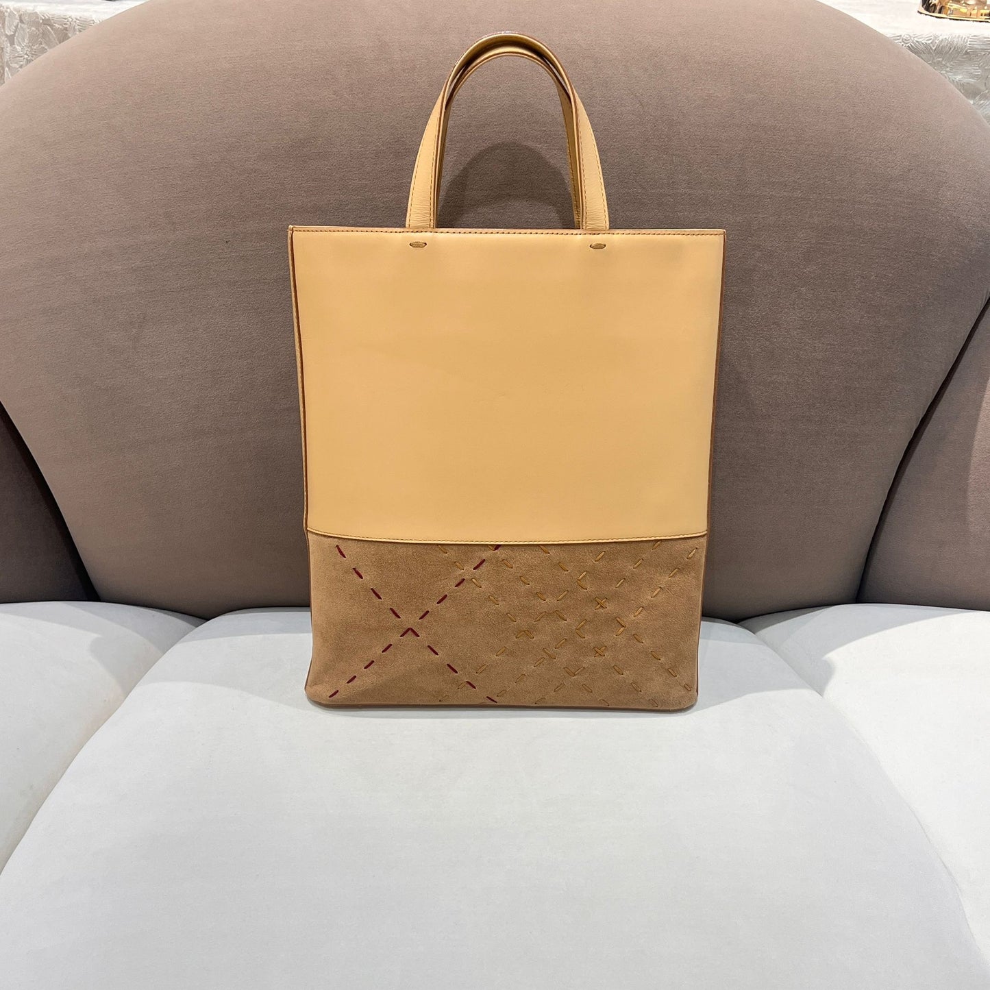Burberry Vintage Beige Leather Two-Tone Structured Tote Bag