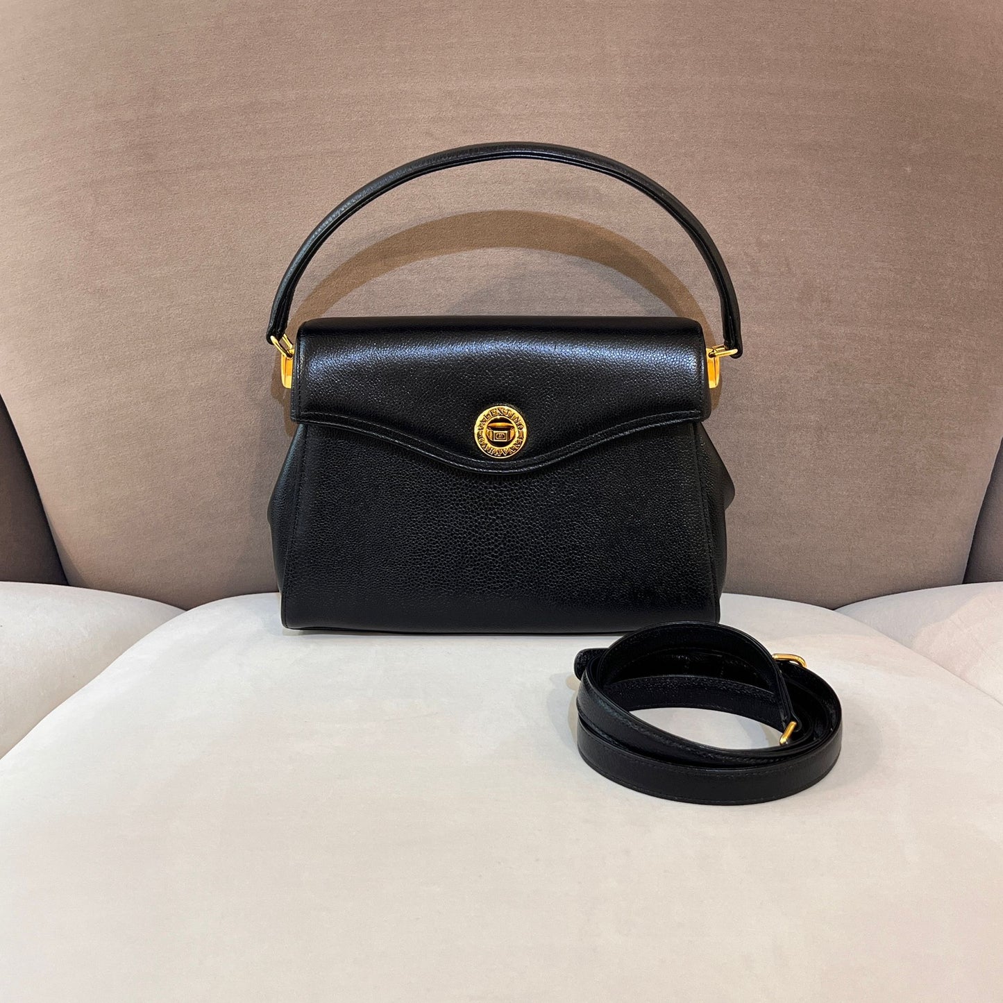 Valentino Garavani Vintage Black Leather Gold Turn-Lock Top Handle Bag