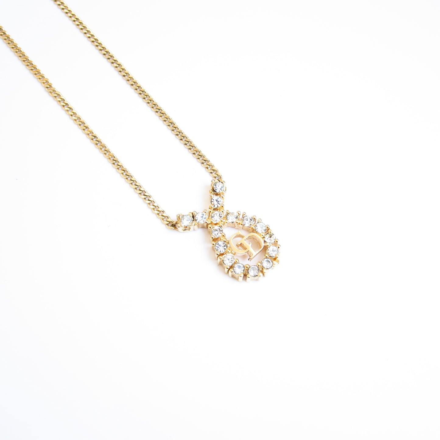 Christian Dior Vintage CD Logo in Drop Shape with Rhinestone Golden Necklace