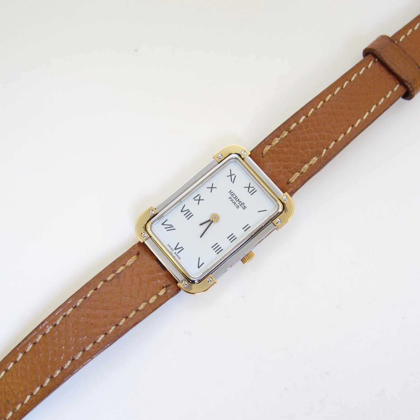 Hermes Vintage Croisière Rectangle White Face and Brown Leather Strap Watch