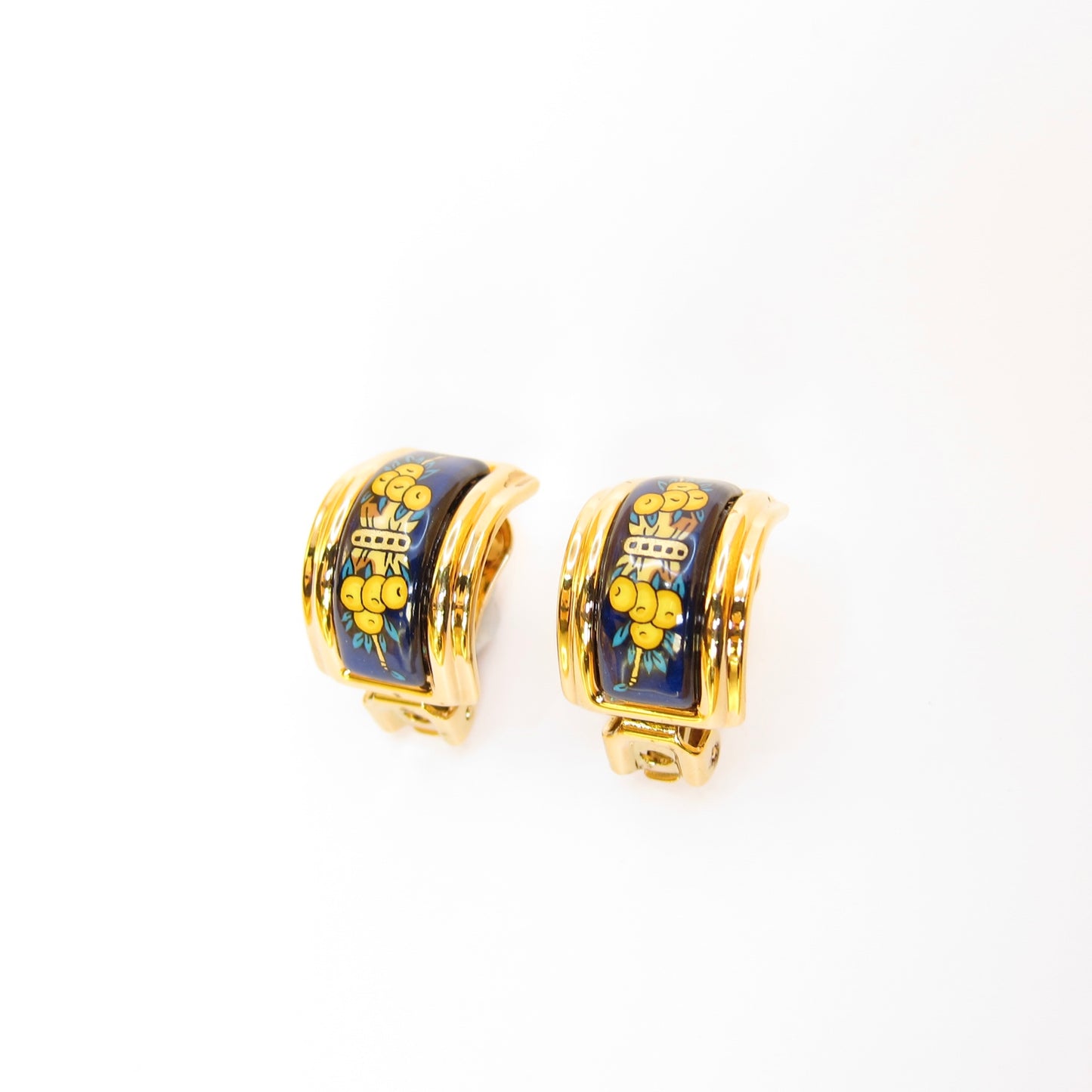 Hermes Vintage Blue Enamelled Golden Clip-on Earrings