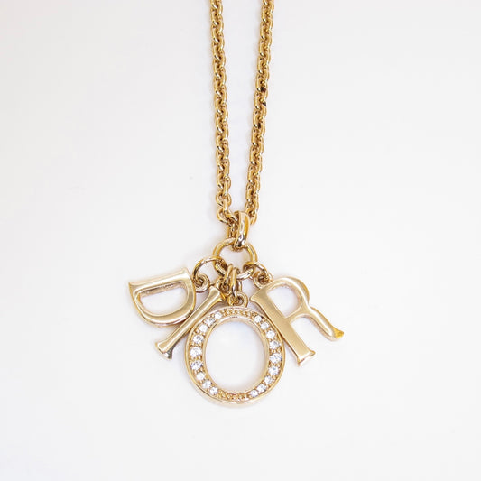 Christian Dior Vintage Dior Letter Charm with Rhinestone Golden Necklace