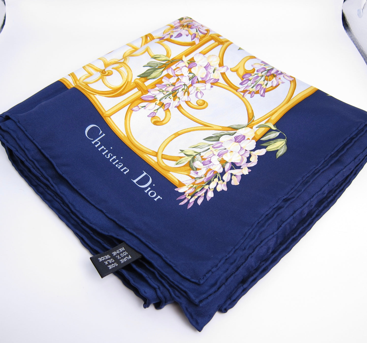 Christian Dior Vintage Ornate Gold Gate & Floral Print Silk Scarf