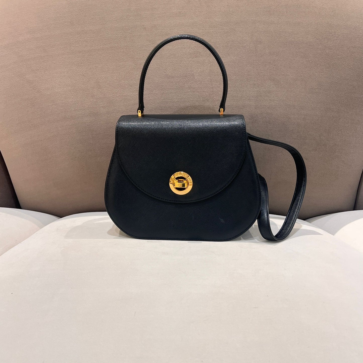 Givenchy Vintage Turn Lock Black Leather 2 Way Handbag