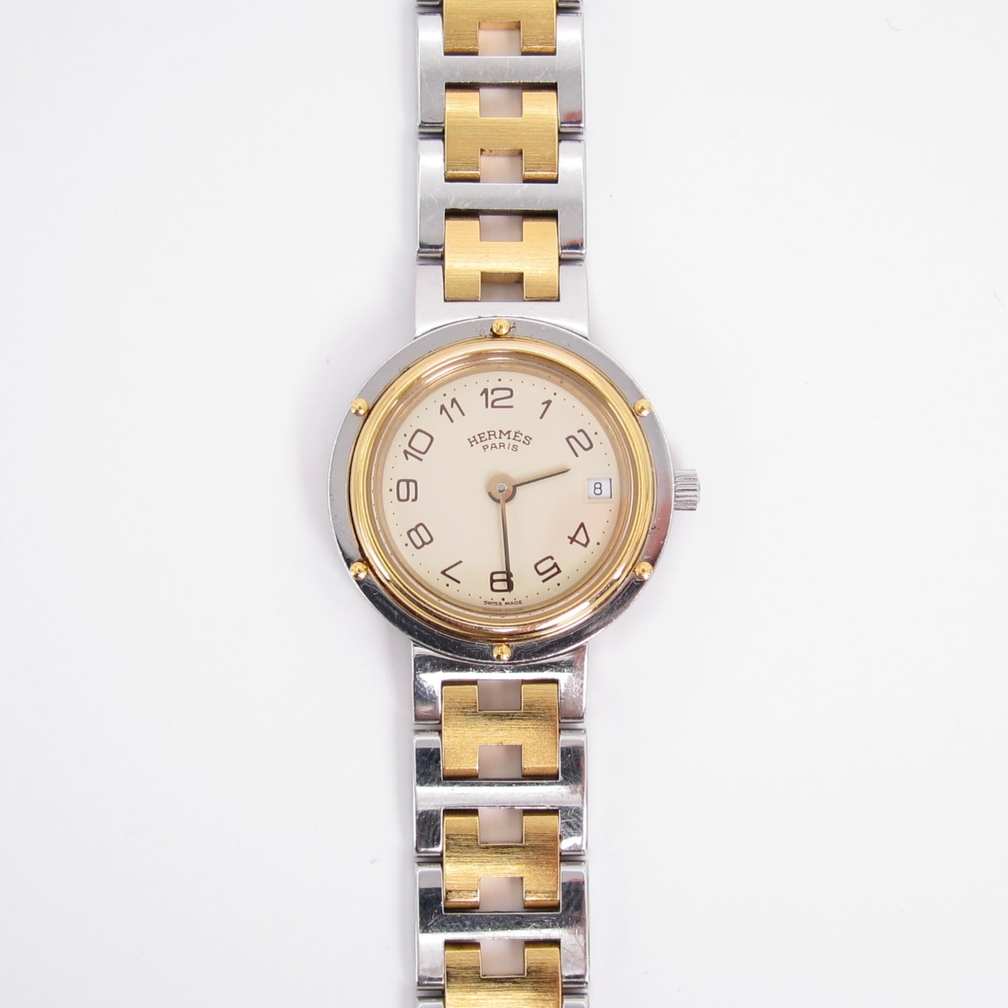 Hermes Vintage Clipper Ivory Dial with Date and H Bracelet Two Tone Watch