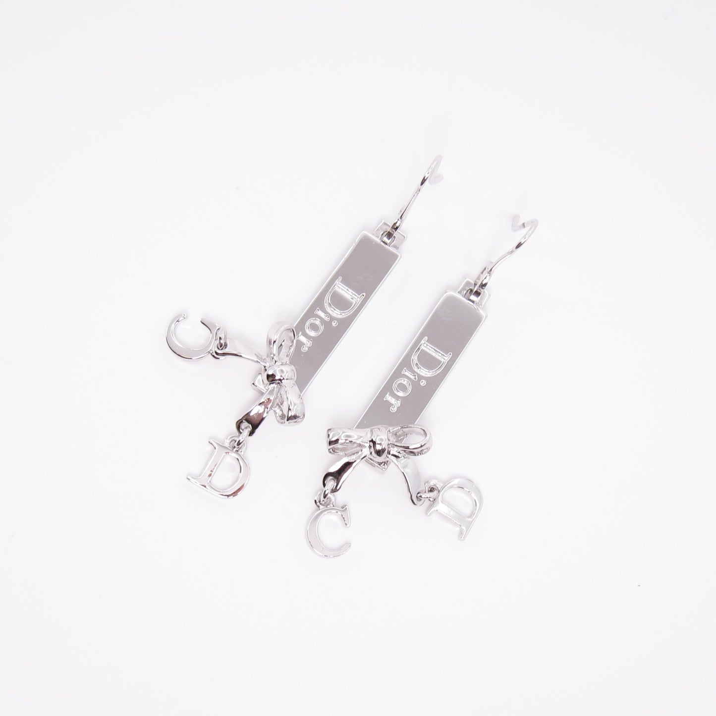 Christian Dior Vintage CD Logo and Ribbon Silver Earrings