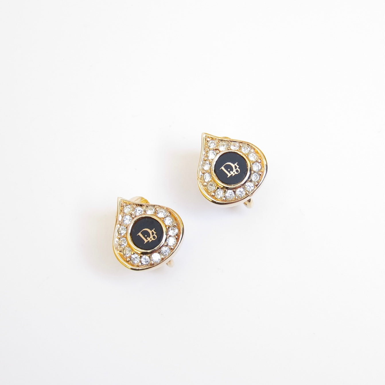 Christian Dior Vintage Dior Logo Black and Rhinestone Teardrop Golden Clip-on Earrings
