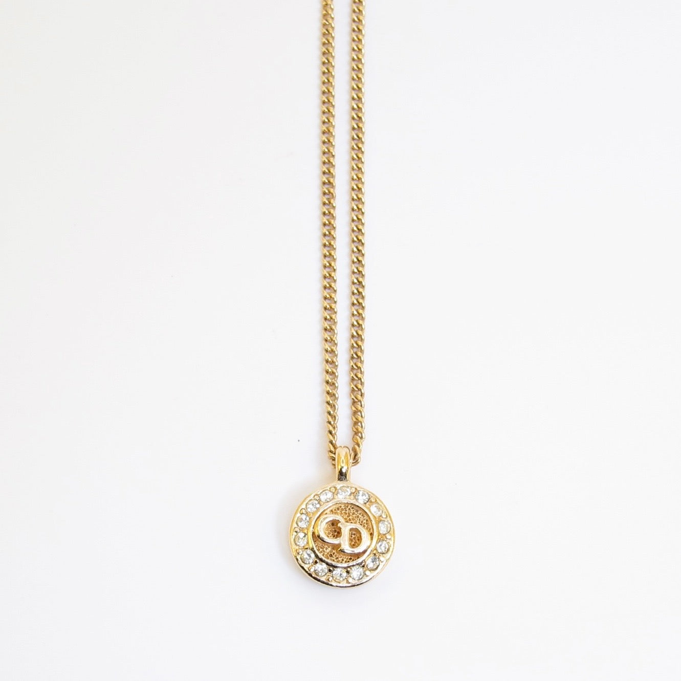 Christian Dior Vintage CD Logo in Circle with Rhinestone Golden Necklace