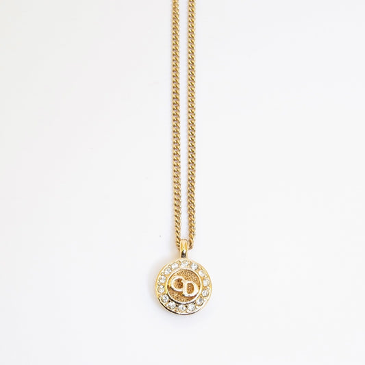 Christian Dior Vintage CD Logo in Circle with Rhinestone Golden Necklace