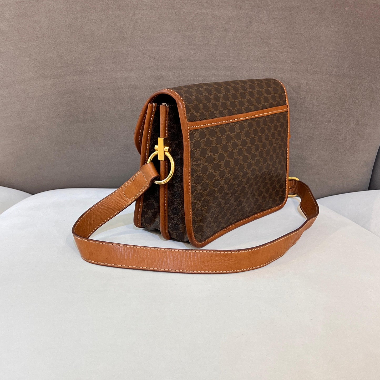 Celine Vintage Macadam Brown Canvas Shoulder Bag With Gold Hardware
