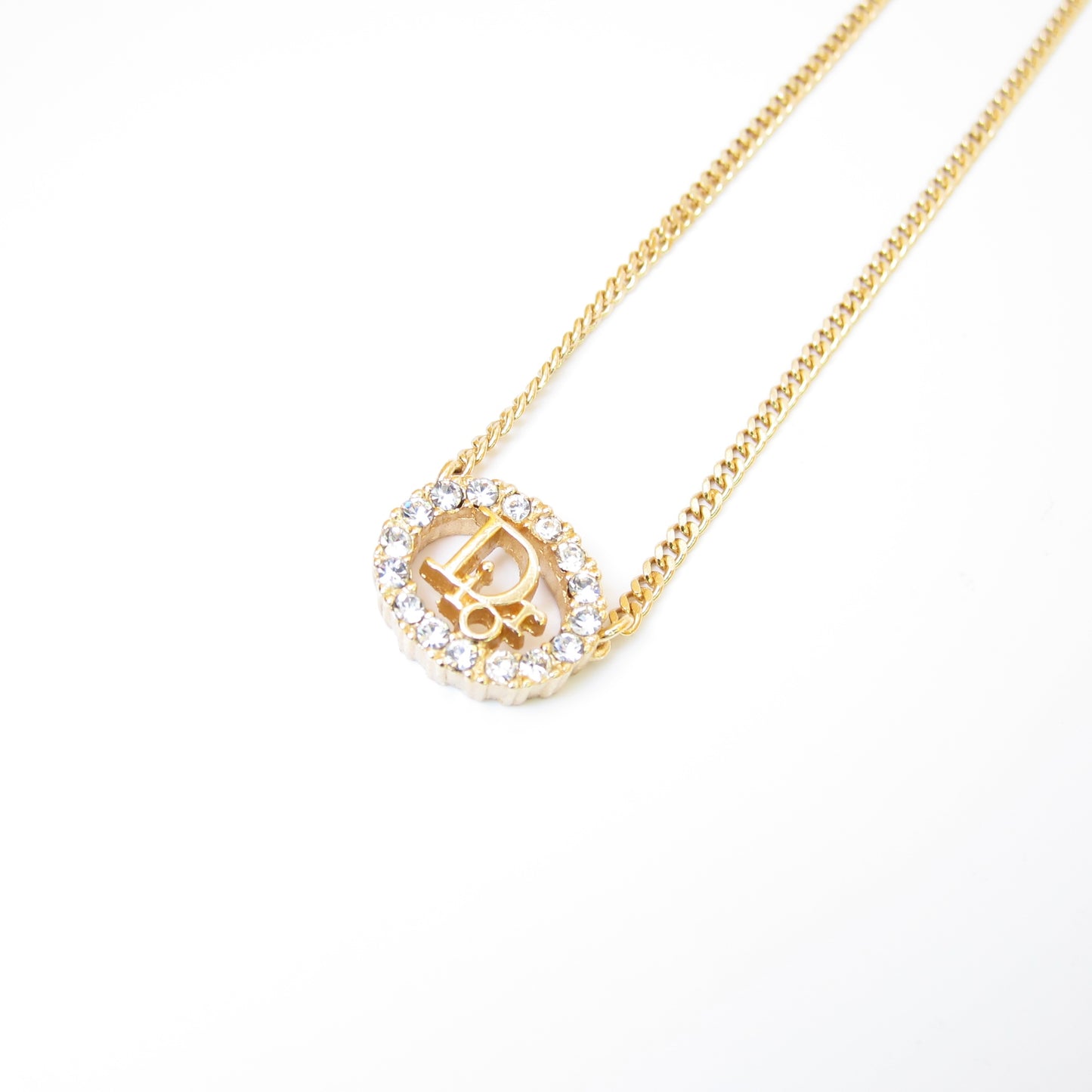 Christian Dior Vintage Dior Logo in Oval Shape with Rhinestone Golden Necklace