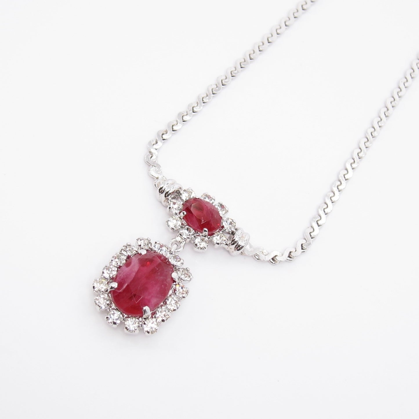 Christian Dior Vintage Red Color Stone and Rhinestone Drop Silver Necklace