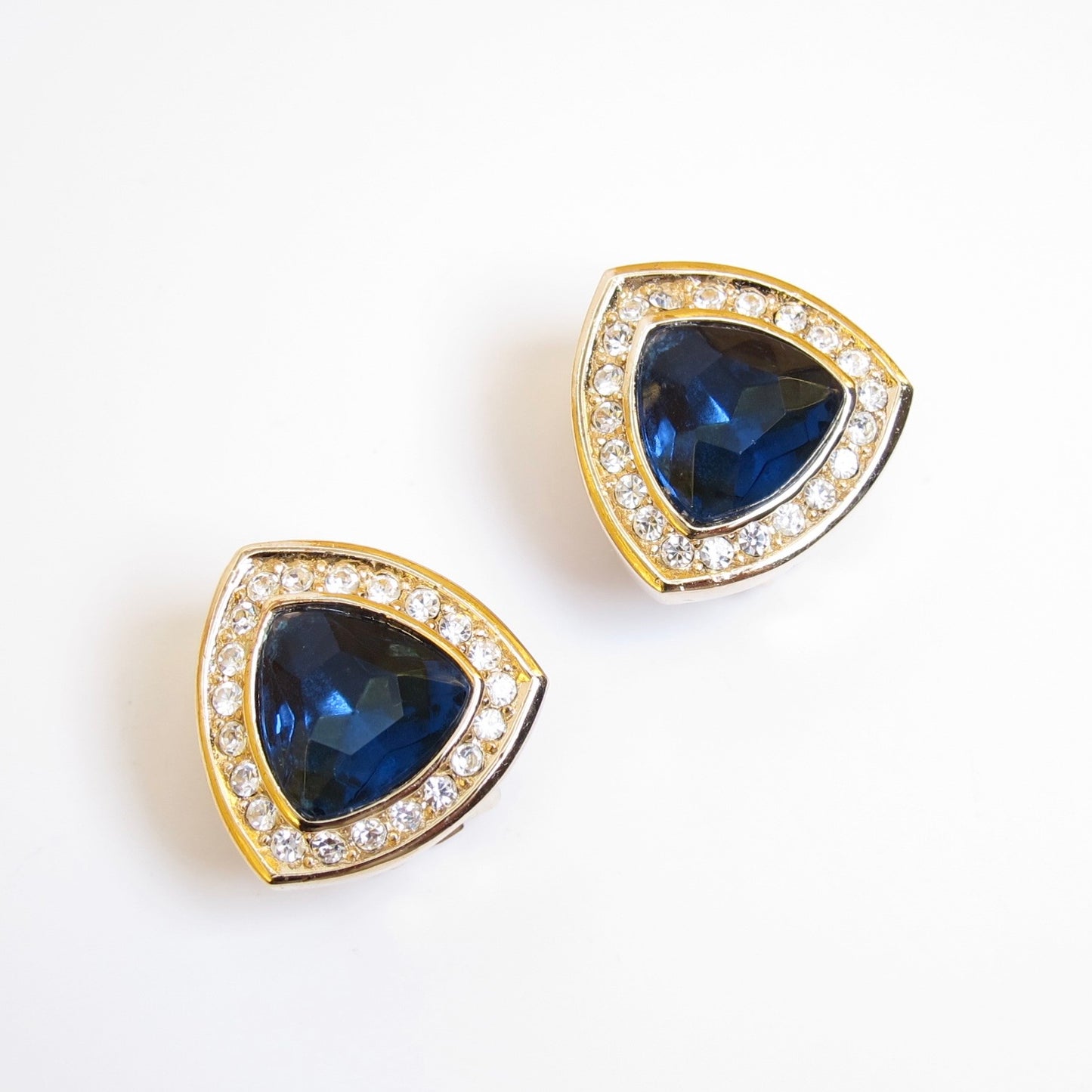 Christian Dior Vintage Triangle Blue and Rhinestone Golden Clip-on Earrings