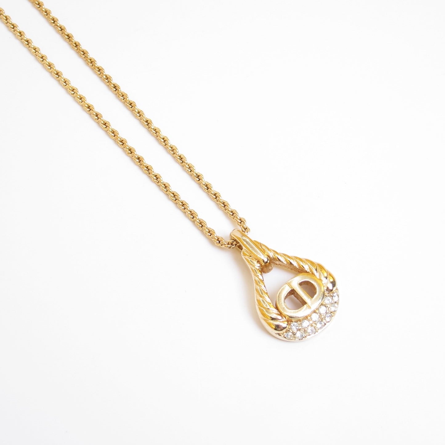 Christian Dior Vintage CD Logo in Teardrop Rope Twisted and Rhinestone Golden Necklace