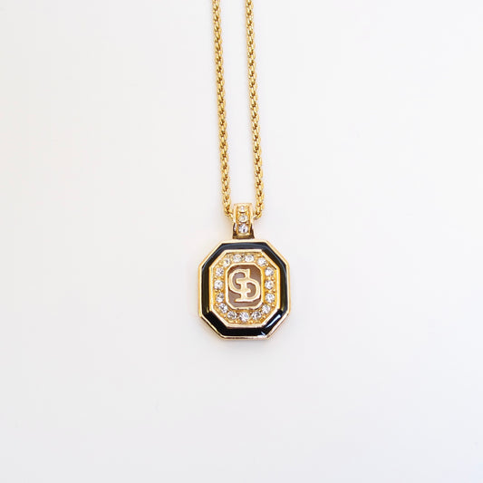Christian Dior Vintage CD Logo in Octagon Black and Rhinestone Golden Necklace
