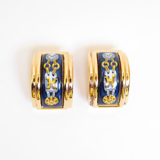 Hermes Vintage Blue Enamel H Pattern Golden Clip-on Earrings