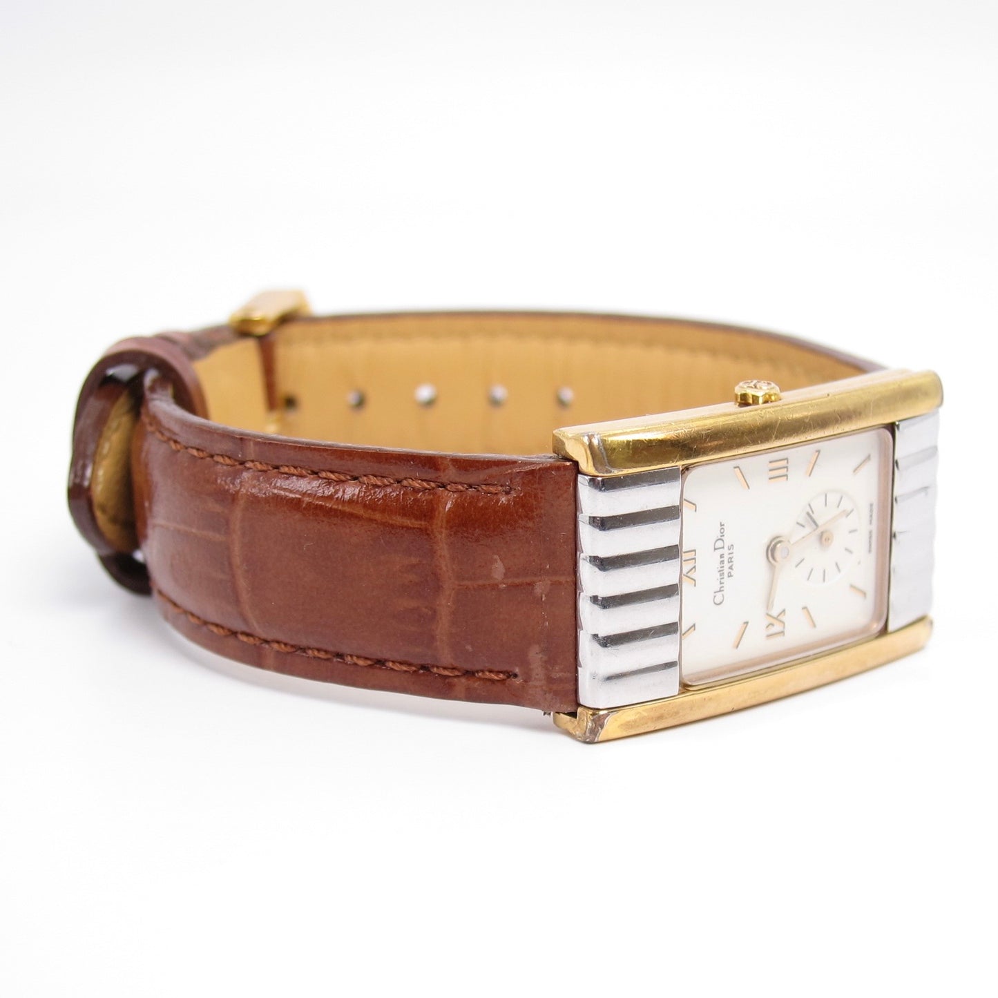 Christian Dior Vintage Tank Rectangle White Face with Leather Strap Two Tone Watch
